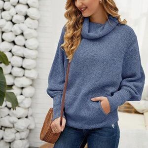 New Cowl Neck Lantern Long Sleeves Knit Sweater